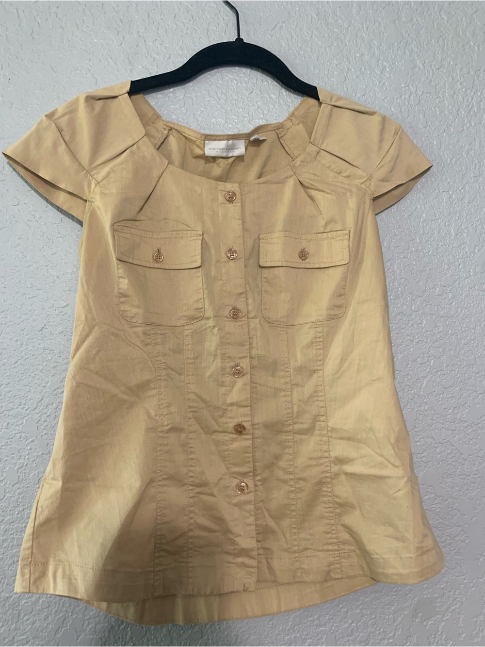 Light Beige Button-Front Short Sleeve Blouse